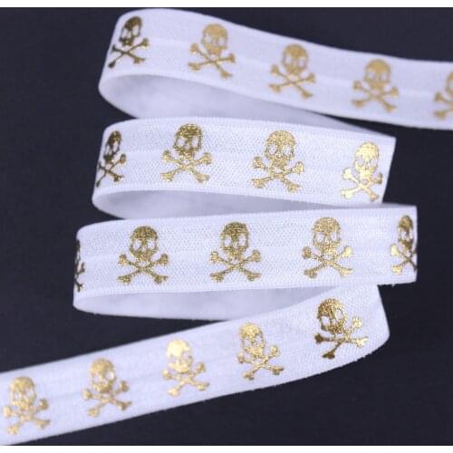 NEW! #029 white 5/8" gold foil Skull Cross fold over elastic, printed Halloween foe elastic ribbon