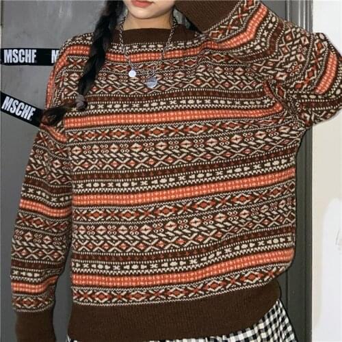 Autumn Sweater Women College Style Sweater Vintage Striped Pattern Sweater Loose Round Neck Kintted Sweater Casual Man Sweater