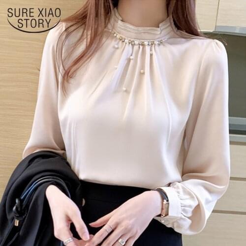 Fall Long Sleeve Blouse Women Blusas Mujer De Moda 2021 Beading Stand Collar Chiffon Blouse Shirt Tops Women Clothes Chic 16229