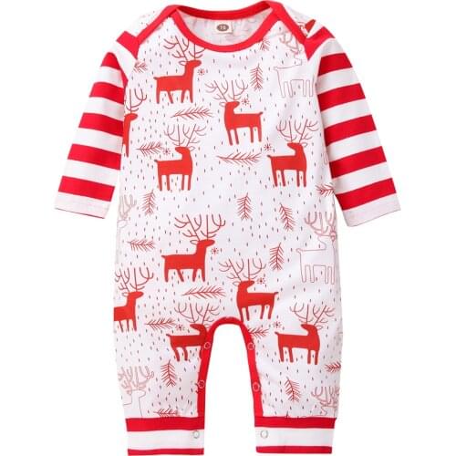 Newborn Christmas Jumpsuit Toddler Boys Girls Elk Stripe Print Long Sleeve Round Neck Romper Baby Xmas Clothing