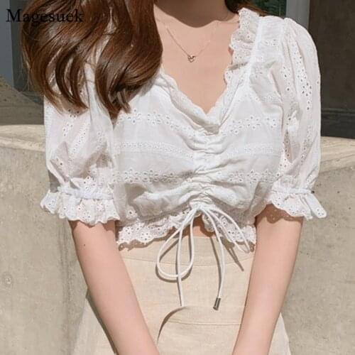 Chic Hollow Crochet White Blouse Women Short Sleeve Summer Tops Women 2021 New Short Style Plus Size Woman Shirt Blusas 15402