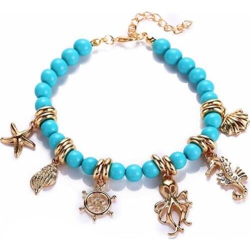 BLUE STAR Summer Beach Boho Ocean Outdoor Beach Chain Green Color Ankle On Leg Beaded Rope Anklet Rudder Bracelet Gift
