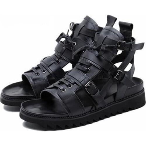 Summer Mens Sandals Genuine Leather Flats Moccasins High Top Peep Toes Cross-Tied Ankle Buckle Strap Male Casual Shoes Loafers