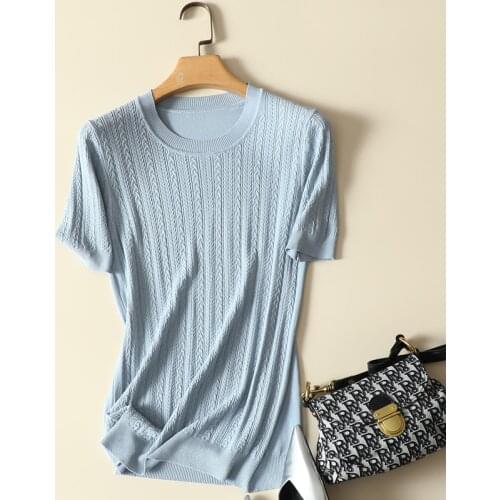 Short Knitted Women T-Shirts Summer New 2021 O-Neck Solid Elegant Office Lady Pulls Outwear Tops Tees