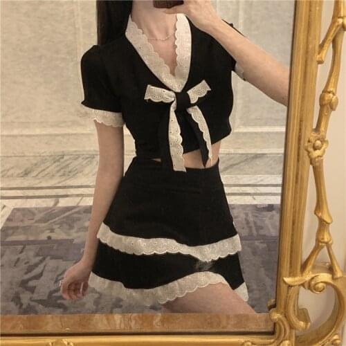 2 Piece Sets Women Summer Bow Knot Short Tops Mini Cake Skirt Lace Trim Sweet Girl Female Two Piece Outfits Lolita Y2k Style