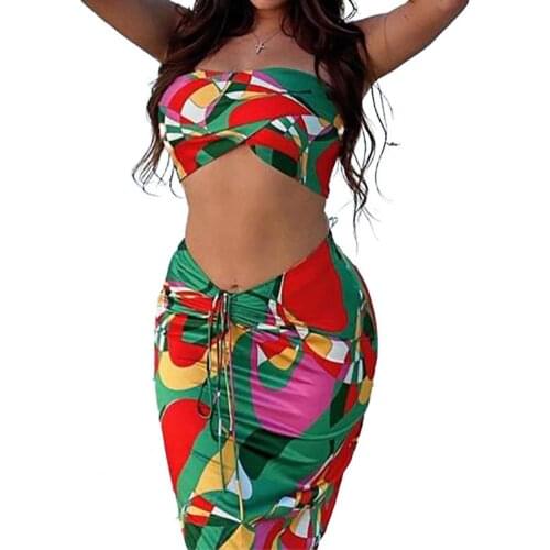 Sexy Summer Women Outfit Vintage Floral Printed Slim-fit Sleeveless Backless Halter Top T-shirt Skirt Beach Dress Set