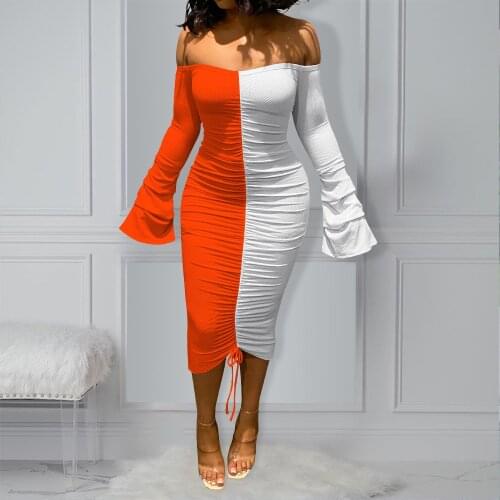 Sexy Ruched Patchwork Party Dress Women Flare Long Sleeve Dresses Drawstring Bodycon Long Sundresses Nightclub Party Wear 2021