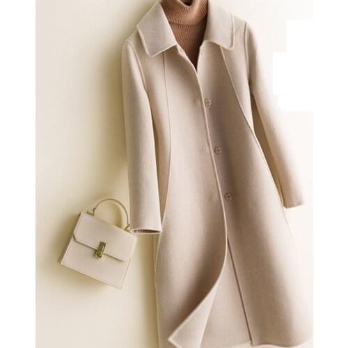 2019 Winter coat Womens Pure Wool Solid Color Coat Double-Faced Coat Female Long Wool coat Section Cashmere Suit Collar Woolen