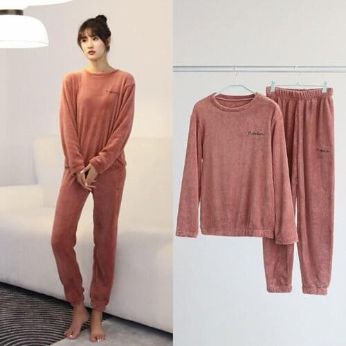 Winter Pajama Set Tops + Pants Coral Fleece Thick Warm Long Sleeve Pyjamas Women men Pajama Home Loungewear