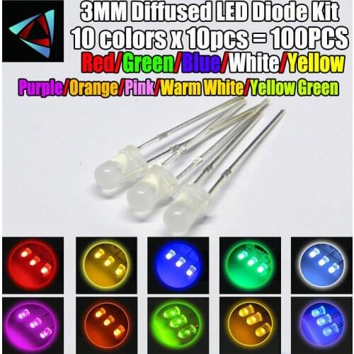 100pcs (10 colors x 10pcs) 3mm Misty LED Diffused Kit 3 mm 3V Warm White Green Red Blue Yellow Orange Purple UV Pink