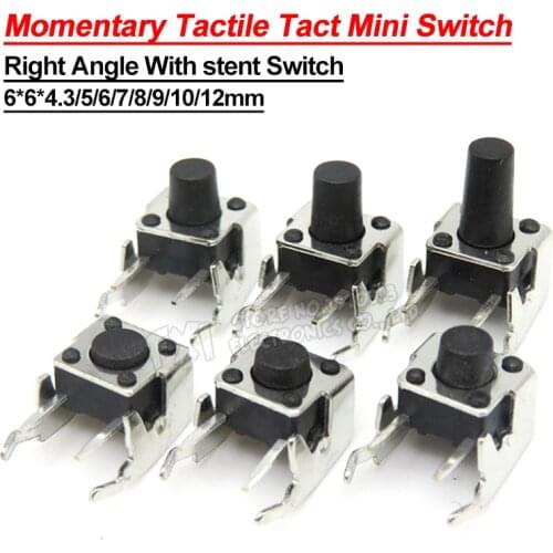 6*6*4.3/5/6/7/8/9/10/12mm PCB Momentary Tactile Tact Mini Switch 6x6mm Right Angle With stent 6x6x4.3mm 5mm 6mm 7mm 8mm 9mm