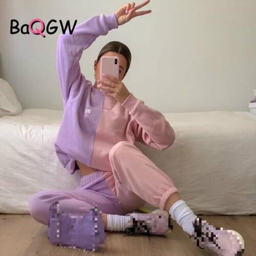 BaQGW Pink Purple Color Block Casual Letter Embroidery Contrasting Color Casual Hoodies Sweatpants Two Piece Set Fall Outfits