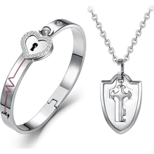 Couple Lovers Puzzle Titanium Steel Love Heart Lock Bangle + Key Pendant Necklace Set Jewelry Gift