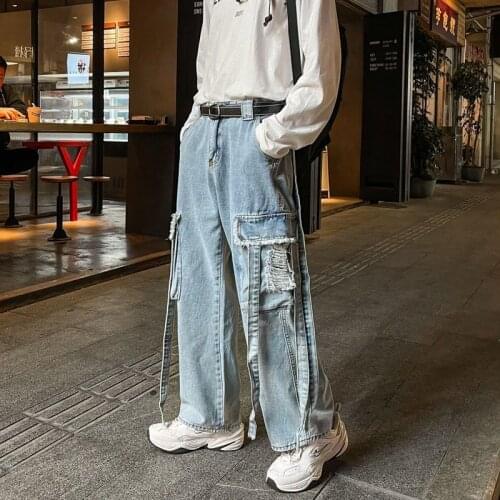 Cargo pants men trousers loose ankle-length pants autumn winter Korean fashion hip hop wide-leg high waist straight casual jeans