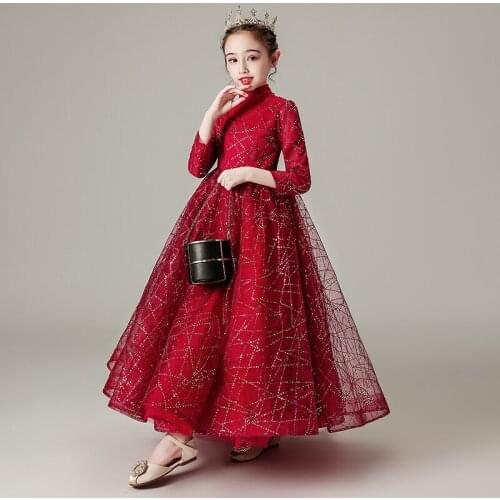 Flower Girl Dresses Illusion Princess High Full Lace Beading Sequined Elegant Ball Gown Floor-Length Luxury Kid Party Skirt H025