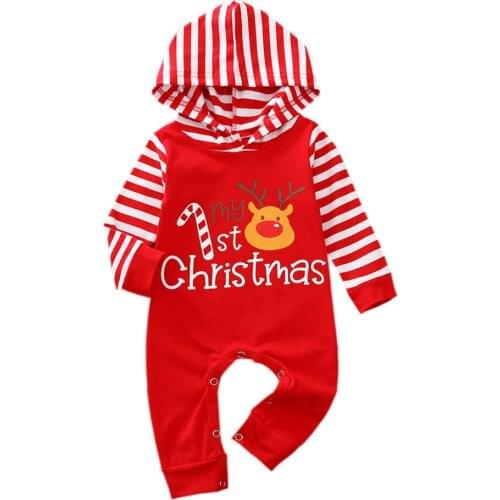 Newborn Boys Girls Christmas Romper, Hooded Neck Stripe Long Sleeve Cartoon Long Romper Overall Clothes 0-12months
