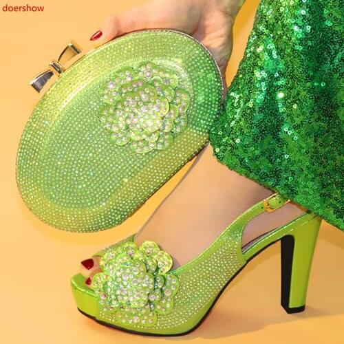 Doershow Italian Shoes With Matching Bags Set Italy African Womens Party Shoes and Bag Sets green Color Women shoes!!SXX1-12