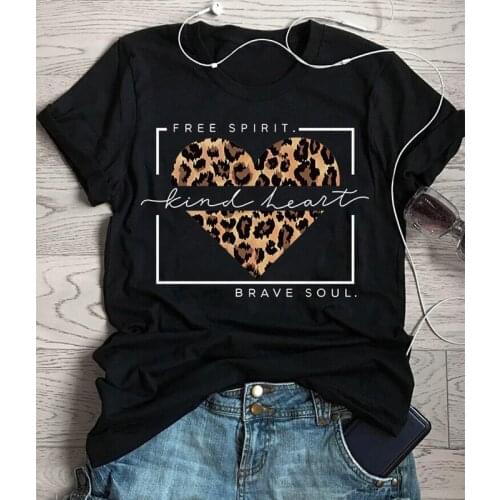Free Spirit Kind Heart Brave Soul Leopard Heart T-Shirt Fashion Women Graphic Tees Tops Summer Scripture Christian Bible Tshirt