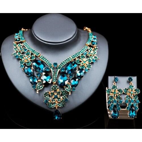 Lan palace luxury jewelry sets gold color dubai Glass Rhinestone necklace and earrings for wedding six colors free shipping