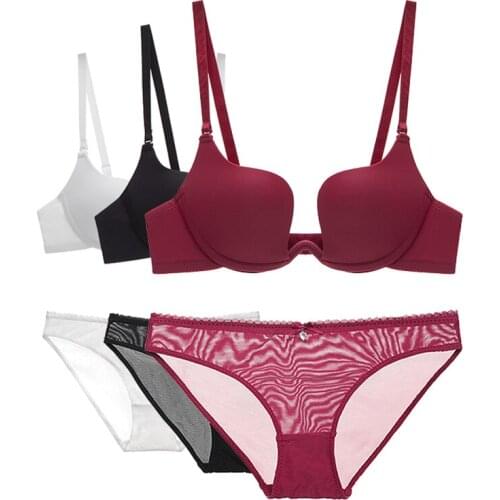 Red Deep U Plunge Bras And Panty Sets For Women Seamless Low Cut Thick Cotton Underwire Push Up Bra Mesh Underwear Set Plus size