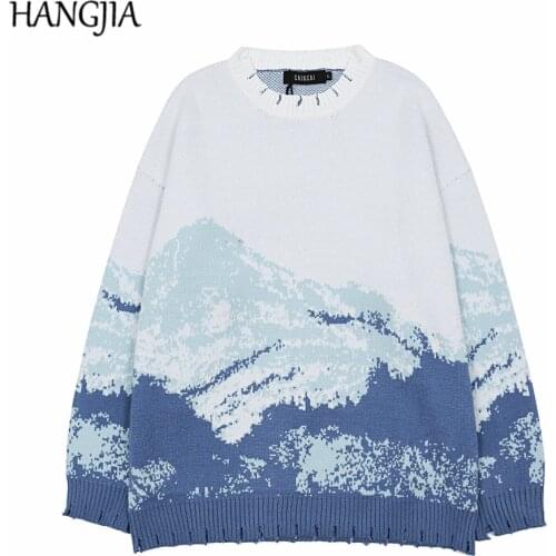 Autumn and Winter Knitted Sweater Mens Retro Round Neck Pullover Sweater Harajuku Chinese Mountains Great Wall Print Sweaters