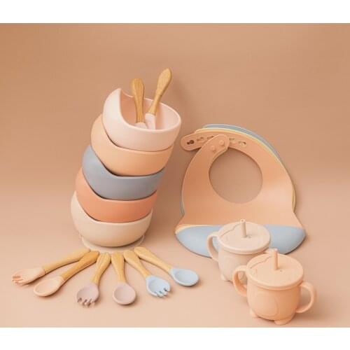 5Pcs Set Baby Silicone Feeding Bowl Bibs Cup Sets BPA Free Waterproof Spoon Fork NonSlip Silicone Bowl Tableware Baby Supplies