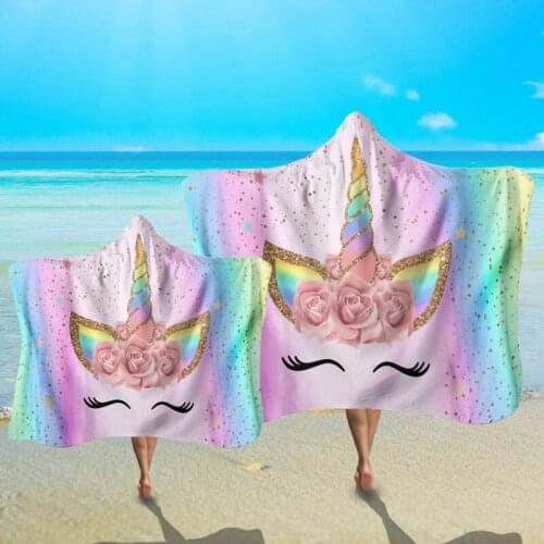 Novelty Wearable Summer Beach Towel With Hat Funny Cartoon Unicorn Pattern Hooded Towel For Adult Kids Creative Beach Mat Cover