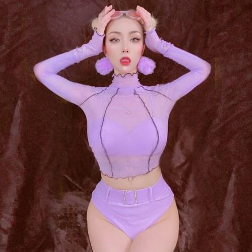 New Bar Ds Performance Clothes Nightclub DJ Female Singer Sexy See-Through Mesh Top Bikini Suit GoGo Jazz Dance Costume DWY4226