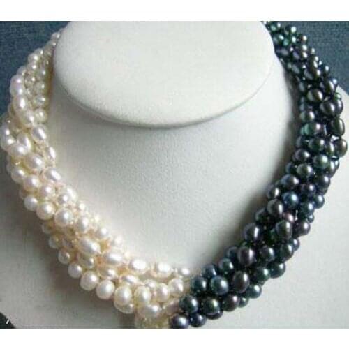 New fashion charming free shipping 5rows 7-8mm white & black Akoya Cultured Pearl necklace BV64