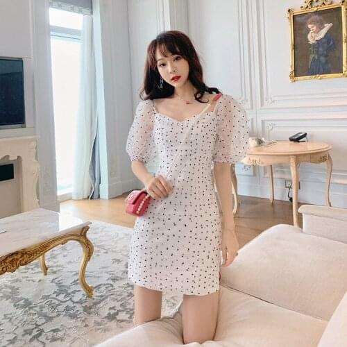 French Styles Sweet Puff Sleeve Dress for Ladies Short Sleeve Cute First Love Print Polka Dot Mesh Dress for Women White Robes