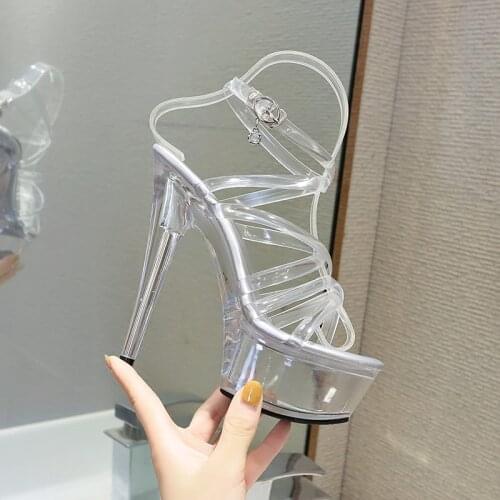Femmes High Heel Sandals Women 2020 Fashion Show Transparent Heel Platform Womens Summer Shoes Sandals15cm High Shoe Pole Dance