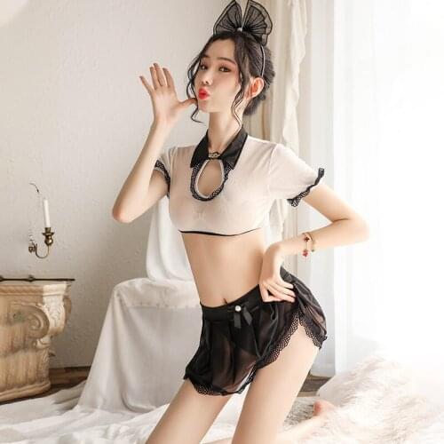 Sexy lingerie sexy underwear Hair hoop + top + short skirt + T pants sets hot women Maid student uniform set intimate nightgown