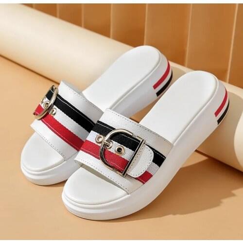 Womens Slippers Flat Shoes Genuine Leather Beach Sandals Ladies Luxury Belt Platform Slides Flip Flops Summer Chaussure Femme