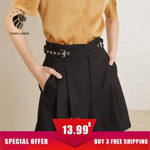 FANSILANEN Wide leg black casual shorts Women summer pleated white high waist shorts Female belt loose vintage pink shorts sexy