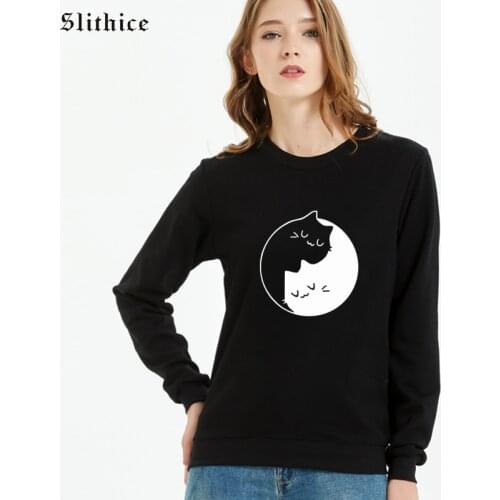 Slithice Harajuku White Black Cat opposite aesthetic Print Cats Sweatshirt for women Black Hipster Tumblr female hoodies Clothes