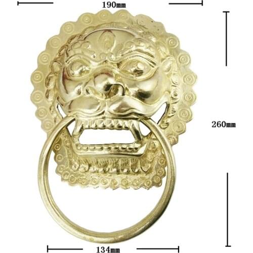 Yellow Brass Chinese Vintage Lion Head Furniture Door Pull Handle,190*260mm