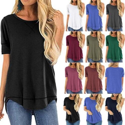 European and American womens 2021 spring and summer new round neck stitching short sleeve front short back long top t-shirt