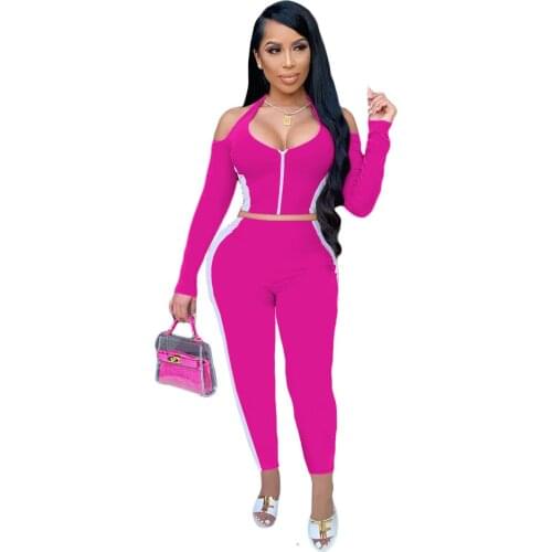 Contrast Patchwork Two Piece Outfits Women Pants Set Classic Off Shoulder Long Sleeve Top Tee Skinny Trousers Streetwear 2021