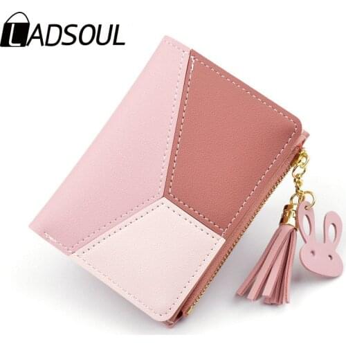 LADSOUL Wallet Women Wallet Zipper Purse Patchwork Fashion Panelled Short Wallet Trendy Coin Purse Card Holder Leather