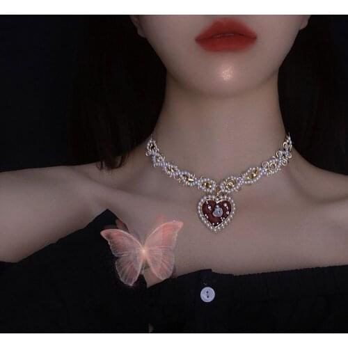 Vintage Sweet Choker Weave Pearls Choker Red Heart Colorful Beaded Irregular Flowers Rhinestone Necklace for Women