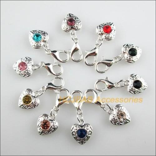 10Pcs Silver Plated Heart Retro Mixed Round Crystal 10x11.5mm With Lobster Claw Clasps Charms