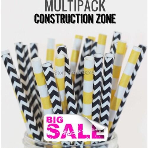 100pcs Mixed Colors Construction Zone Paper Straws in Bulk, Black Chevron, Yellow Sailor Stripe, Vintage Party Supplies