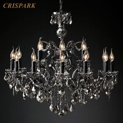 19th C. Rococo Iron & Crystal Chandelier Light LED Retro Rural Black Finish Hanging Lamp Art Deco Interior Light Fixture Bedroom