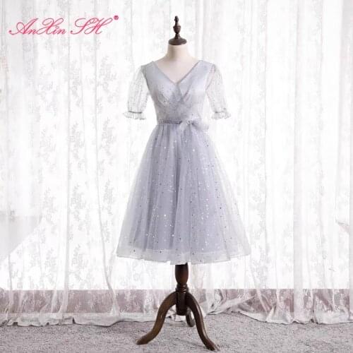 AnXin SH princess grey lace evening dress vintage party v neck illusion bow sparkly a line evening dress little white dress