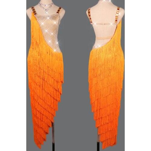 Elegant Sparkly Latin Dance Dress Women Gradual Orange Thick Fringe Dress Stage Dance Costume Competition Latin Dresses VDB142