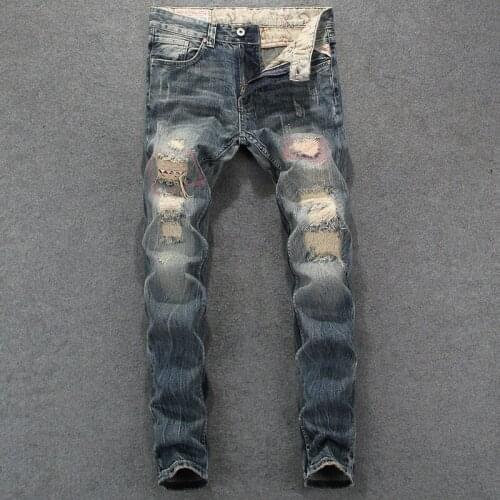 European American Street Fashion Men Jeans Retro Gray Blue Slim Fit Destroyed Ripped Jeans Men Patches Designer Denim Punk Pants