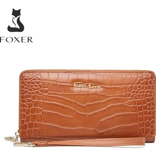 FOXER Womens Multi-compartment Long Wallet 2021 Summer Crocodile Grain Leather Banquet Clutch Large-Capacity Fashion Wallet