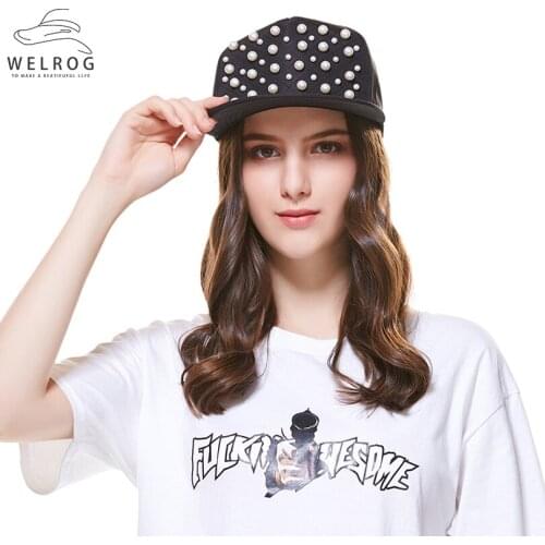WELROG Personalized Pearl Flat Hip Hop Hat Black Pink Baseball Cap Women Girl Snapback Hat Adjustable Hat Sports Hat Fashion Hat