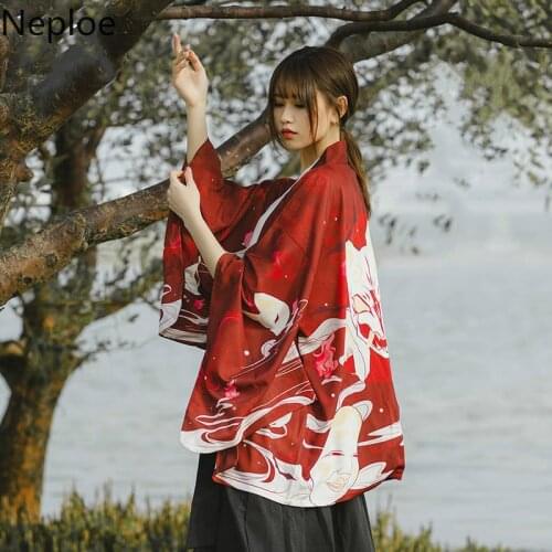 Neploe Harajuku Cardigan Summer Women Japanese Kimono Vintage Printed Bat Sleeve Casual Loose Cardigan Blouse Lady Chimono 39002