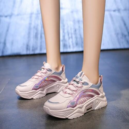 Womens Chunky Sneakers Fashion Platform Shoes Light PU Laether Casual Shoes Trainers Lace-Up Lady Reflection Vulcanize Shoes
